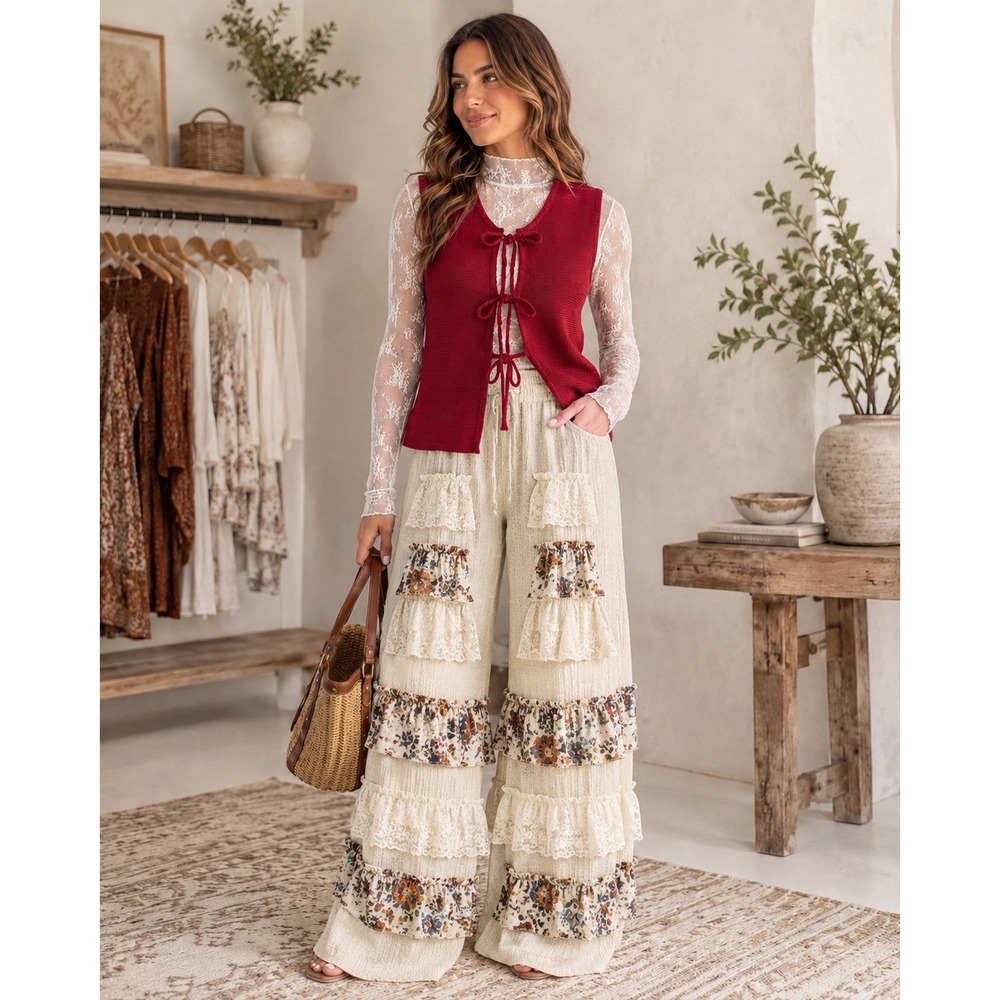 B 200. New Zenana Burgundy Red Knit Tie Front Sweater Vest Sleeveless Boho Cardi
